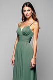 A Line Eucalyptus Ruched Backless Long Bridesmaid Dress