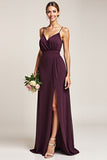 Purple A Line V Neck Backless Long Bridesmaid Dress with Slit