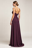 Purple A Line V Neck Backless Long Bridesmaid Dress with Slit