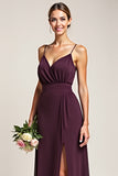 Purple A Line V Neck Backless Long Bridesmaid Dress with Slit