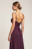 Purple A Line V Neck Backless Long Bridesmaid Dress with Slit