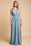 Dusty Blue A Line Deep V-Neck Long Bridesmaid Dress