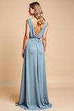 Dusty Blue A Line Deep V-Neck Long Bridesmaid Dress