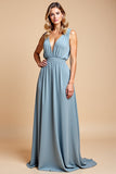 Dusty Blue A Line Deep V-Neck Long Bridesmaid Dress