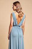 Dusty Blue A Line Deep V-Neck Long Bridesmaid Dress