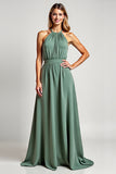 Eucalyptus Halter Neck A Line Sleeveless Long Bridesmaid Dress