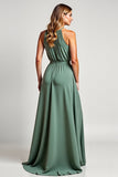 Eucalyptus Halter Neck A Line Sleeveless Long Bridesmaid Dress