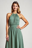 Eucalyptus Halter Neck A Line Sleeveless Long Bridesmaid Dress