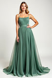 Eucalyptus Square Neck Pleated Chiffon Long Bridesmaid Dress