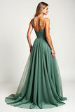 Eucalyptus Square Neck Pleated Chiffon Long Bridesmaid Dress