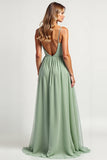 Dusty Sage Long A Line Square Neck Bridesmaid Dress with Slit