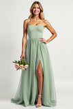 Dusty Sage Long A Line Square Neck Bridesmaid Dress with Slit