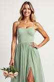 Dusty Sage Long A Line Square Neck Bridesmaid Dress with Slit