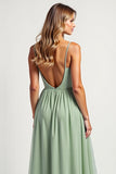 Dusty Sage Long A Line Square Neck Bridesmaid Dress with Slit