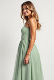 Dusty Sage Long A Line Square Neck Bridesmaid Dress with Slit