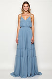 Dusty Blue Chiffon V Neck Backless Long Bridesmaid Dress