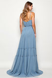 Dusty Blue Chiffon V Neck Backless Long Bridesmaid Dress