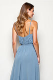 Dusty Blue Chiffon V Neck Backless Long Bridesmaid Dress