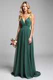 A Line Dark Green Long V-Neck Ruched Bridesmaid Dress