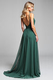 A Line Dark Green Long V-Neck Ruched Bridesmaid Dress