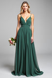 A Line Dark Green Long V-Neck Ruched Bridesmaid Dress