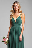 A Line Dark Green Long V-Neck Ruched Bridesmaid Dress