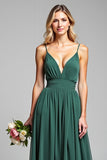 A Line Dark Green Long V-Neck Ruched Bridesmaid Dress