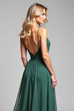 A Line Dark Green Long V-Neck Ruched Bridesmaid Dress