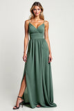 A Line Eucalyptus Ruched Chiffon Long Bridesmaid Dress with Slit