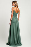 A Line Eucalyptus Ruched Chiffon Long Bridesmaid Dress with Slit