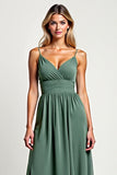 A Line Eucalyptus Ruched Chiffon Long Bridesmaid Dress with Slit