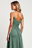 A Line Eucalyptus Ruched Chiffon Long Bridesmaid Dress with Slit