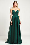 Pine Chiffon V-Neck A Line Long Bridesmaid Dress