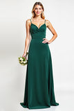 Spaghetti Straps Pine Backless A Line Long Bridesmaid Dress