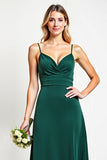 Spaghetti Straps Pine Backless A Line Long Bridesmaid Dress