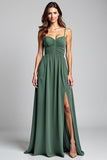 Eucalyptus A Line Long Spaghetti Straps Ruched Bridesmaid Dress with Slit