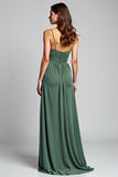 Eucalyptus A Line Long Spaghetti Straps Ruched Bridesmaid Dress with Slit