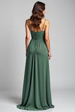 Eucalyptus A Line Long Spaghetti Straps Ruched Bridesmaid Dress with Slit