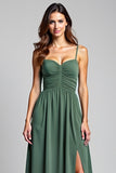 Eucalyptus A Line Long Spaghetti Straps Ruched Bridesmaid Dress with Slit