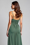 Eucalyptus A Line Long Spaghetti Straps Ruched Bridesmaid Dress with Slit