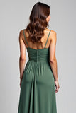 Eucalyptus A Line Long Spaghetti Straps Ruched Bridesmaid Dress with Slit