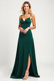 Pine V-Neck A Line Long Satin Bridesmaid Dress with Slit