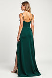 Pine V-Neck A Line Long Satin Bridesmaid Dress with Slit