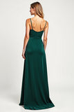 Pine V-Neck A Line Long Satin Bridesmaid Dress with Slit