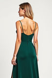 Pine V-Neck A Line Long Satin Bridesmaid Dress with Slit