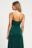 Pine V-Neck A Line Long Satin Bridesmaid Dress with Slit