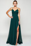 Pine A Line V Neck Long Chiffon Bridesmaid Dress with Slit