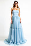 A Line Sky Blue Spaghetti Straps Backless Long Bridesmaid Dress