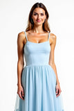 A Line Sky Blue Spaghetti Straps Backless Long Bridesmaid Dress