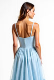 A Line Sky Blue Spaghetti Straps Backless Long Bridesmaid Dress